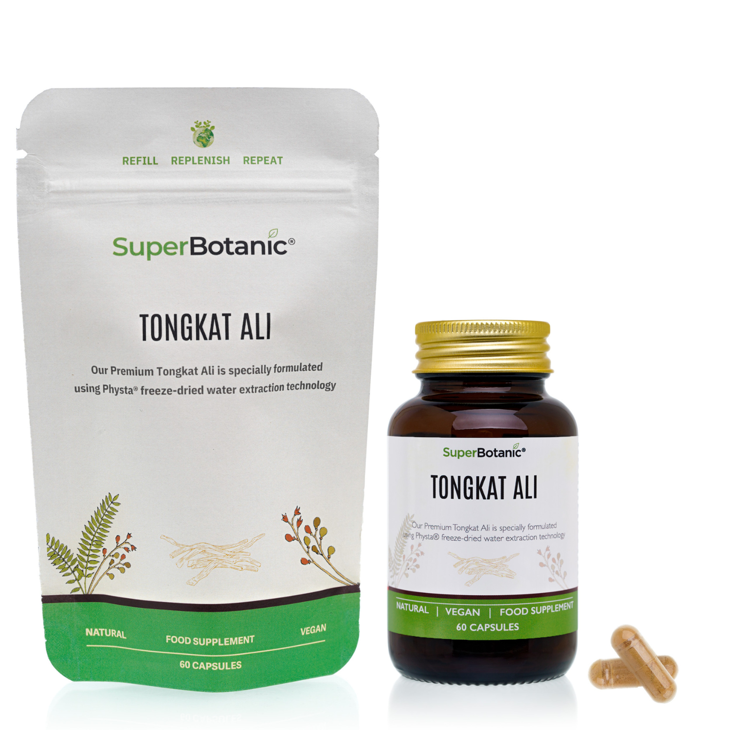 Tongkat Ali supplement packaging with pills and bottle, branded as SuperBotanics.